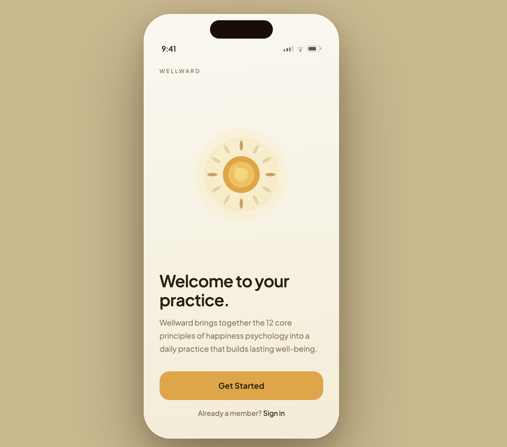 Wellward high-fidelity welcome screen prototype.