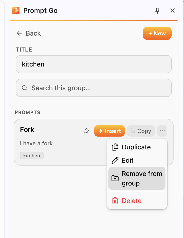PromptGo group view showing the Remove from group action in the item menu
