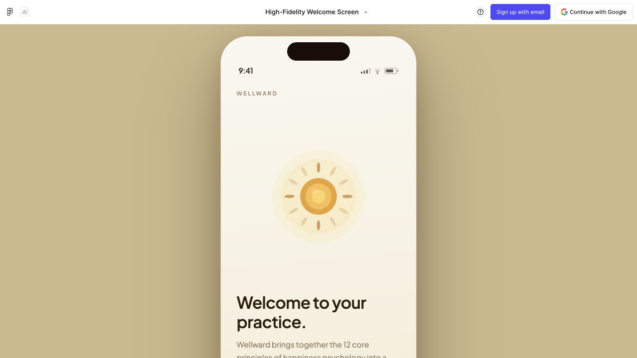 Preview of the existing Wellward Figma concept: cream welcome screen with an amber sun and the heading Welcome to your practice.